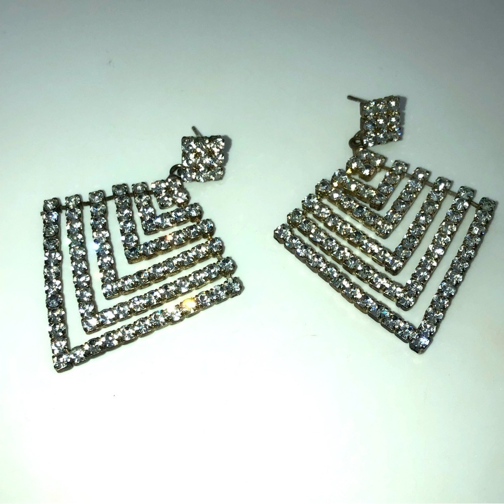 Vtg Rhinestone Silver Tone Dangle Statement Stud Earrings 2.5”
